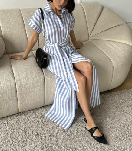 Image of utcoco Women's 2025 Striped Short Sleeve Cotton Maxi Shirt Dress Belted Side Slit Button Down Dress with Pockets