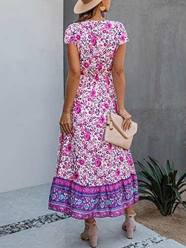 Temofon Women's Dresses Summer Bohemian Casual Short Sleeve Floral Print Maxi Dress Purple M #TOP2