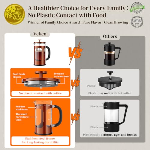 Image of Veken French Press Coffee Maker,No Plastic Touching Cafe,34oz 1L Cafetera | Heat Resistant Thickened Borosilicate Glass Stainless Steel Brewer, Cold Brew Pot for Kitchen,Travel,Camping,Tea,Gifts,Copper
