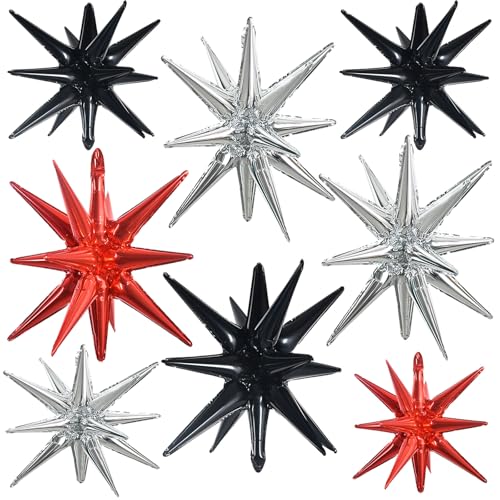 Image of TONIFUL 8 Pcs Explosion Star Foil Balloon Black Silver Red Party Decoration | 22 Inch Large Mylar Star Balloons for Race Car Theme Birthday for Boys Men Gradutaion Retro Rock Themed Party Decorations