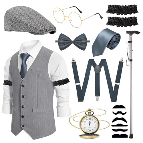 11 Stück 1920er Jahre Herren Gatsby Kostüm Set (Grau): Weste Beret Krücke Brille Ärmelstülpe Hosenträger Fake-Bart Fliege Taschenuhr Krawatte & Box Mafia Peaky Blinders Kostüm für Karneval H