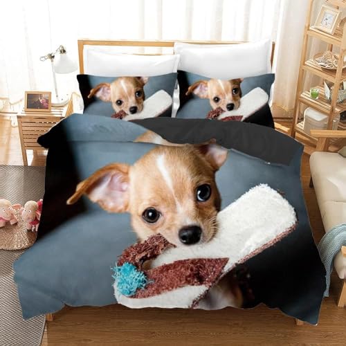 BIAFRA Chihuahua Capa de edredom solteiro, estampa travessa, 3 peças, capa de edredom de microfibra
