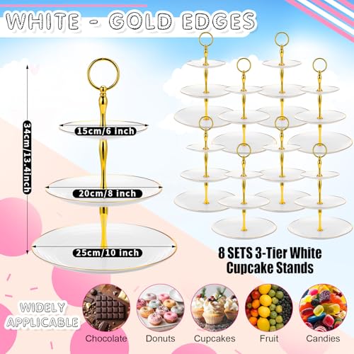 8 Pack 3 Tier Cupcake Stand Bulk Tiered Dessert Stand Thick Plastic Serving Tray with Gold Edges Dessert Table Display Set Tea Cake Holder for Wedding Birthday Party(White) by Teenyyou - Image 3