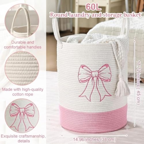 Image of Honeydak Pink Bow Cotton Rope Laundry Basket Hamper, Bowknot