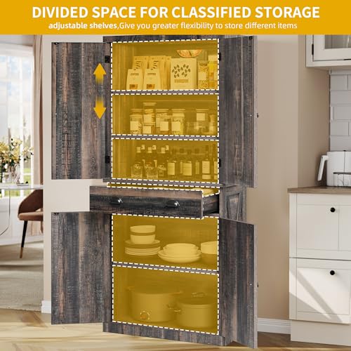 DWVO 72'' Tall Farmhouse Kitchen Pantry, Rustic Wood Kitchen Storage Cabinets with Adjustable Shelves & Drawer, Freestanding Cupboard for Dining Room, Living Room, Dark Grey