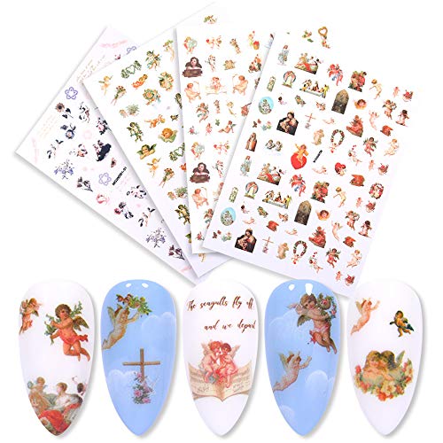 4 Sheets 3D Angel Pattern Nail Sticker Daisy Colorful Flower And Leaf Pattern Nail Decal Stickers DIY Nail Decoration