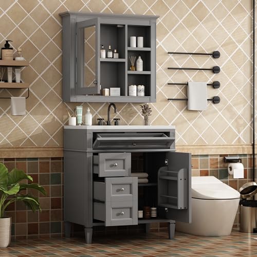 Image of Merax 30 Inch Bathroom Vanity with Sink Set, Modern Bathroom Vanity Storage Cabinet with Matching Mirror Medicine Cabinet, Solid Wood Frame,Painted Finish, 2 Drawers and 1 Tip-Out Drawer, Grey