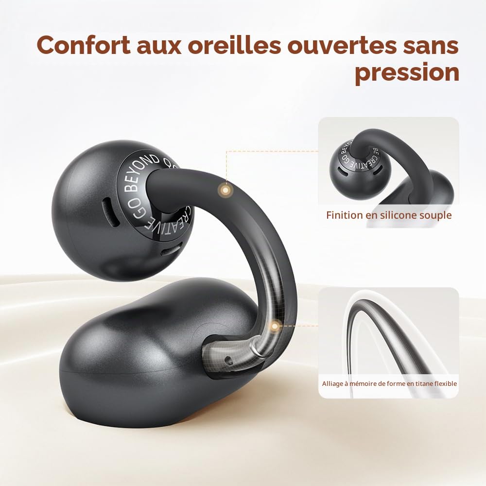 QCY Crossky C50 Écouteurs Bluetooth Ouvert, Écouteur sans Fil à Clip,Basses puissantes,Réduction de Bruit des appels,5,2g Ultra-léger et Confortables,Bluetooth 6.0, 36h autonomie,IPX5