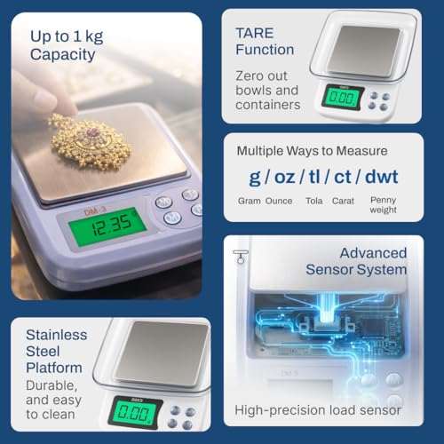 Image of ATOM DM3 Digital Pocket Weighing Scale with 1000gmx0.01g Capacity High Precision Mini Weight Machine For Jewellery, Precious Gems with Tare & Counting Function. A 100 Series