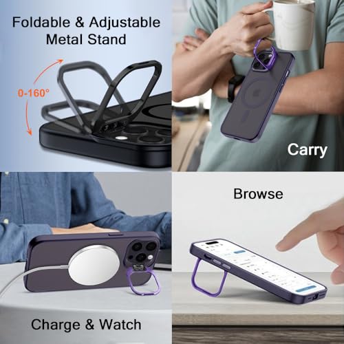 Image of TheGiftKart Hybrid Matte Frosted Back Cover Case for iPhone 14 PRO Compatible with MagSafe | Built-in Stand | Shockproof Hard Back Case Cover for iPhone 14 PRO (PC & TPU, Translucent Purple)