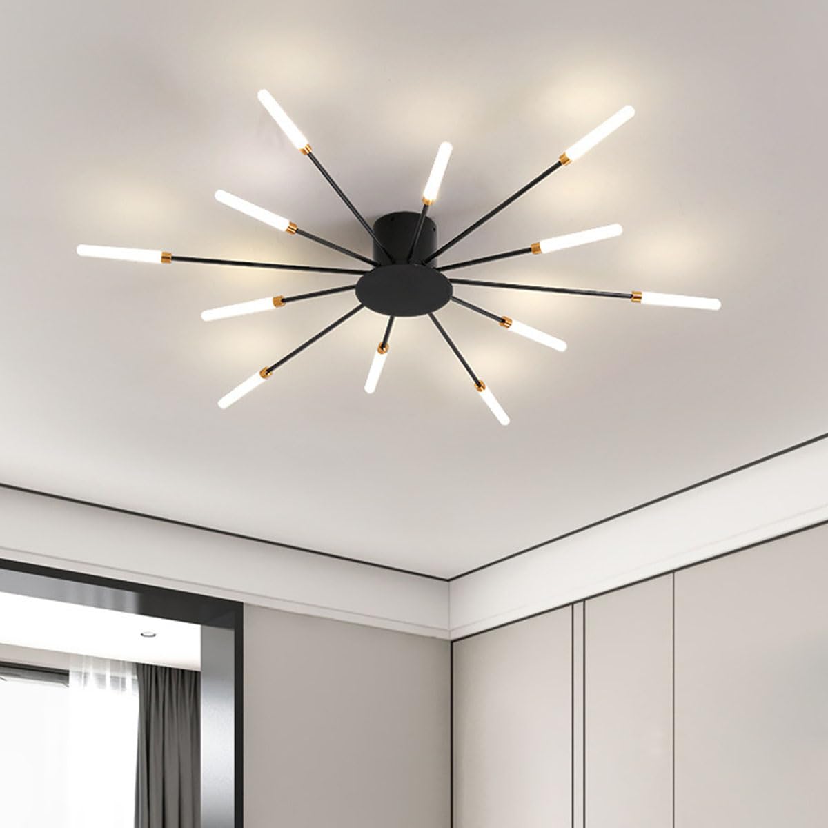 KXEcoLife Dimmable Modern LED Ceiling Light Fixture, 12-Light Acrylic Chandelier for Restaurant, Bedroom, Living Room, 3000-6000K Adjustable Lighting, Stylish Black Design