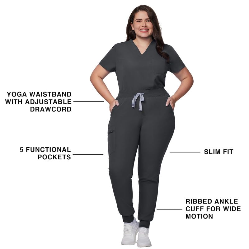 Image of Kitmaz Scrub Pants for Women - Mid Rise 4-Way Stretch Anti-Wrinkle Slim Fit Jogger Pants, Drawstring & 5 Pockets