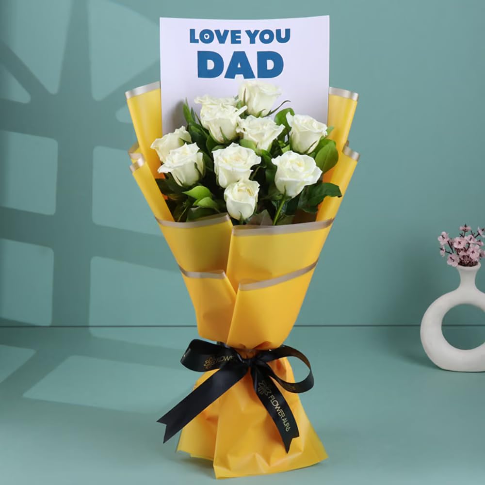 FlowerAura Premium Fresh Live Flower Bouquet of 10 White RosesIn Dad Love Theme Packing For Birthday & Fathers Day Gift For Dad | Father | Papa | Father-In-Law (Same Day Delivery)-image-32