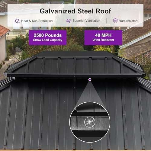 PURPLE LEAF 10' X 12' Outdoor Hardtop Gazebo for Patio Galvanized Steel Double Roof Permanent Canopy Teak Finish Coated Aluminum Frame Pavilion Gazebo with Netting - Image 6