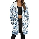 FlekmanArt Womens Zip Up Hoodies Oversized Retro Print Tunic Sherpa Sweatshirts Winter Hooded Soft Fleece Jacket with Pockets Blue