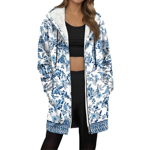 FlekmanArt Womens Zip Up Hoodies Oversized Retro Print Tunic Sherpa Sweatshirts Winter Hooded Soft Fleece Jacket with Pockets Blue