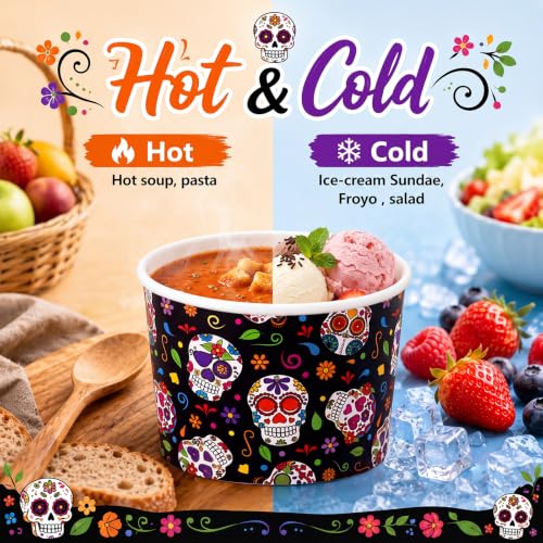 Image of Funnymoom 50 Pack Day of the Dead Paper Ice Cream Cups 9 oz Sugar Skull Disposable Dessert Bowls Soup Bowls Dia De Los Muertos Treat Snack Cups for Hot or Cold Food Halloween Mexican Party Supplies