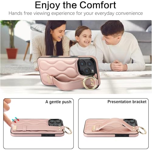 Coque iPhone 16 Pro Max or rose avec dragonne et anneau support rotatif