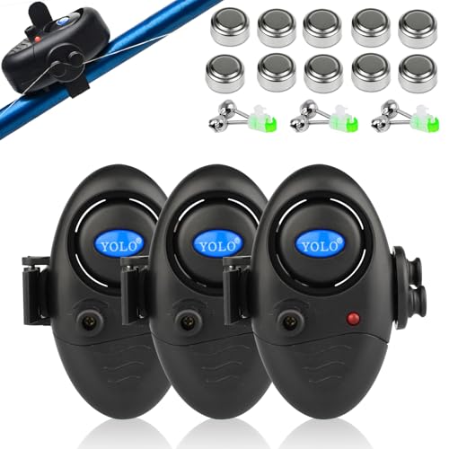 Shackcom 3pcs Alarme de Pêche Détecteurs de Touche électroniques Sensible de Canne à Pêche avec Indicateur Lumineux LED & Pêche Cloche et Son d'Alarme Réglable...