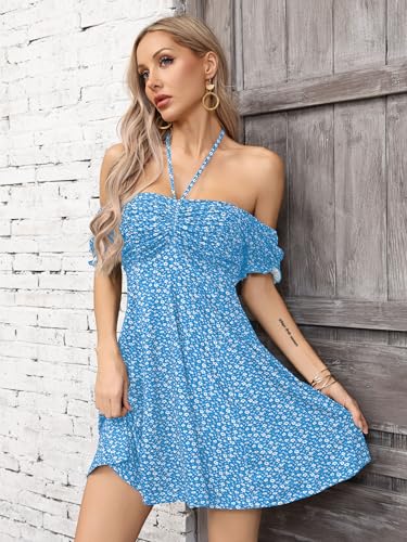 Image of Missufe Women's Puff Short Sleeve Drawstring Ruched Front Fit and Flare Floral Summer Casual Short Dress