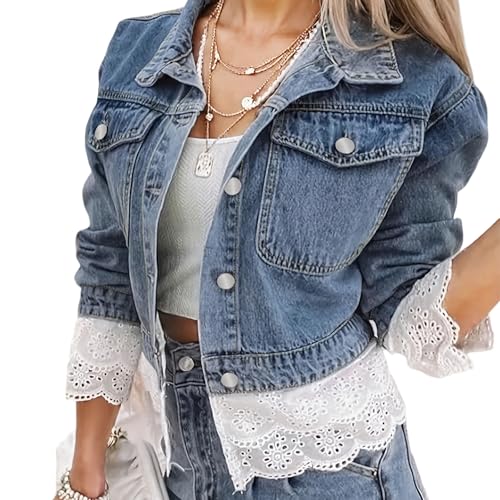 oversized denim jacket for women long sleeved lace trimmed casual fashion womens jean jacket lace Fall Outfits 20252