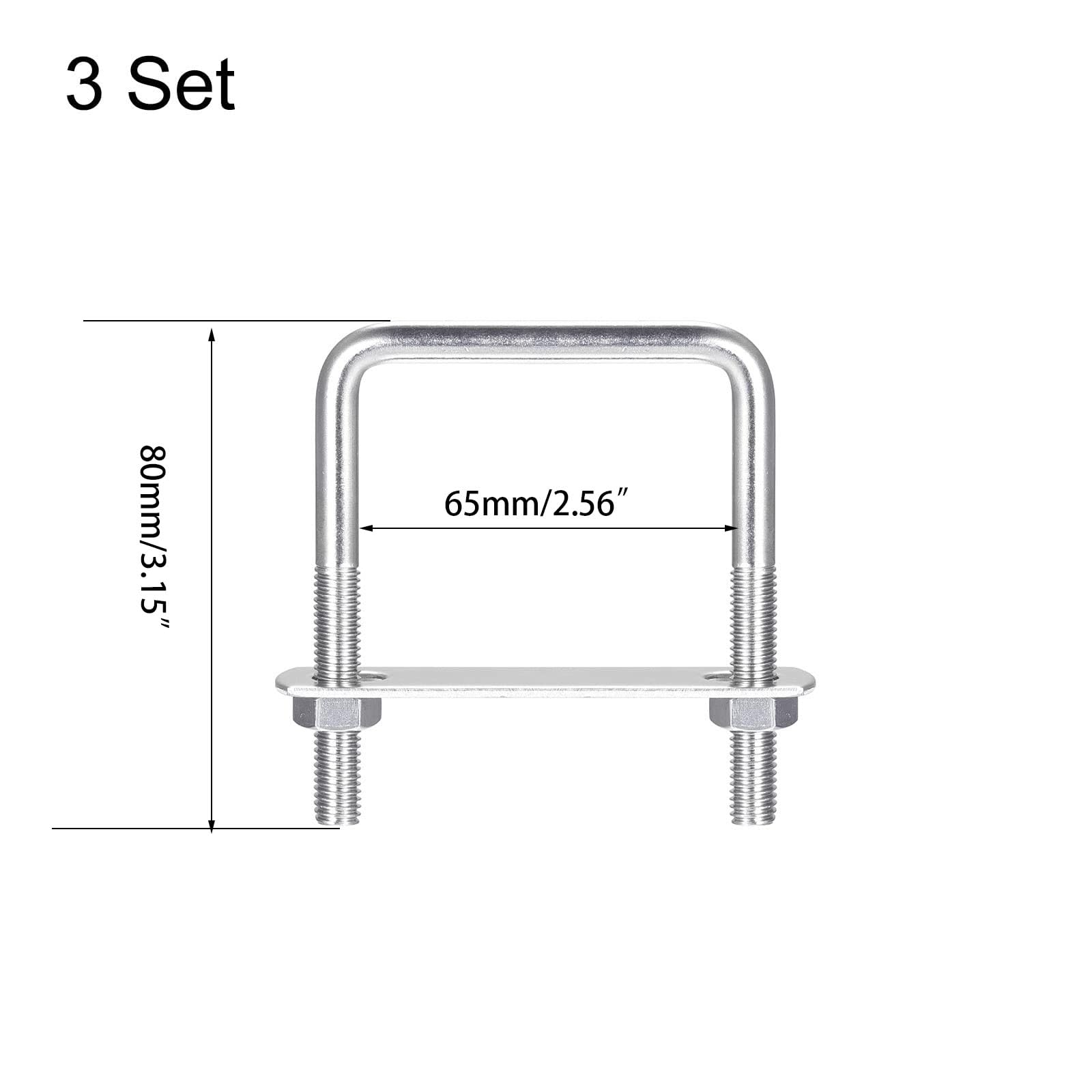 TOP-VIGOR 3 sets M8 Square U-Bolts, 62mm Inner Width 80mm Length 304 Stainless Steel U-Bolts with Nut - Image 2