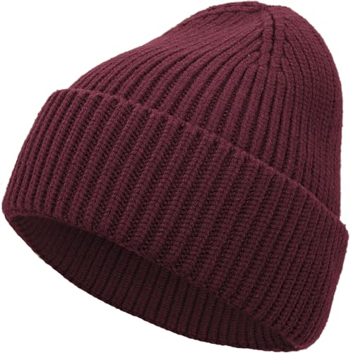 Seamless Beanie Hat for Men Women Wool Fisherman Beanies Unisex Cuffed Knit Warm Winter Hats Skull Cap Ski Caps Wine Red