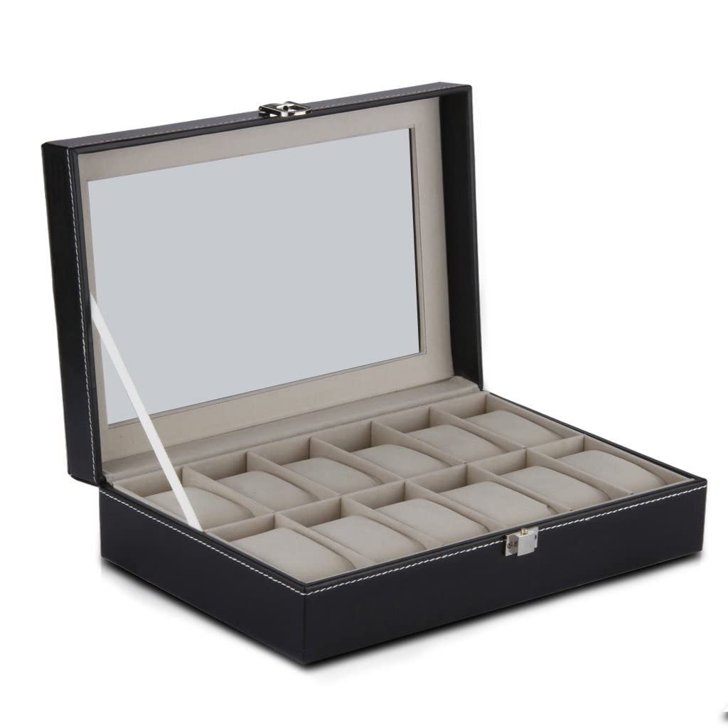 XBTGS Uhren-Vitrine mit 12 Fächern, Aufbewahrungsbox für Armbanduhren, Schmuck-Organizer,
