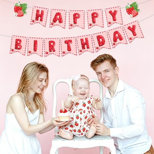 Image of Hooqict Happy Birthday Banner Strawberry Birthday Decorations Hanging Sign for Girls Red and Pink Sweet Berry 1st Strawberry Party Decorations Supplies