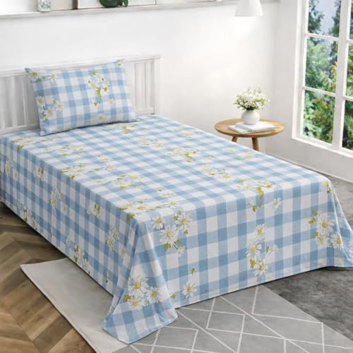 Image of VOMZER Single Size (60x90) 300 TC Soft Cotton Feel Microfiber Flat Single Bedsheet with 1 Pillow Cover | Blue Check