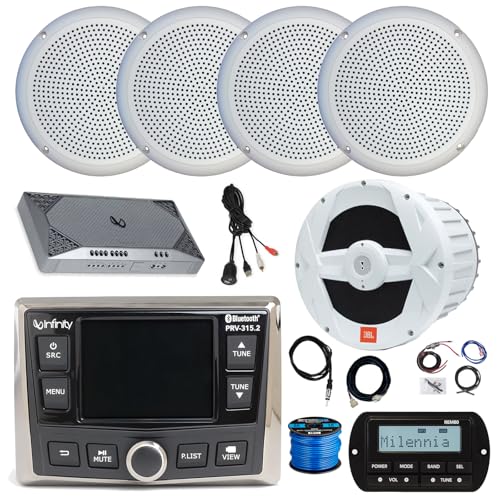 Infinity PRV-315.2 Marine Gauge Hole Mount USB Bluetooth AM/FM/WB Receiver, Wired Remote, Extension, Amplifier, 10