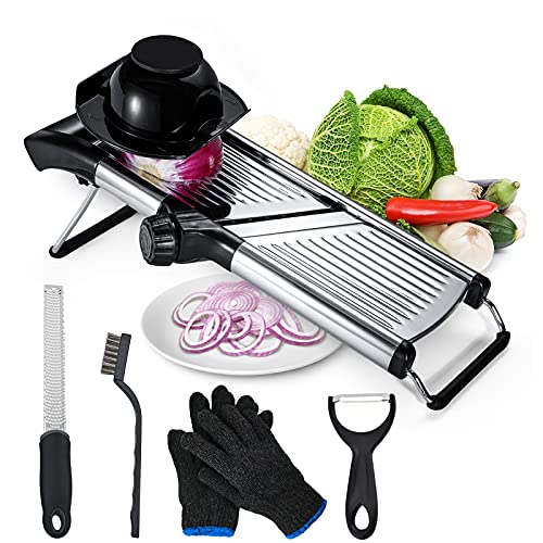 JAHUL Adjustable Mandoline Food Slicer Stainless Steel Kitchen Food Cutter and Chopper for Vegetable Onion Potato Chip French Fry Julienne Slicer, Come with Gloves Cheese Grater Peeler and Wire Brush