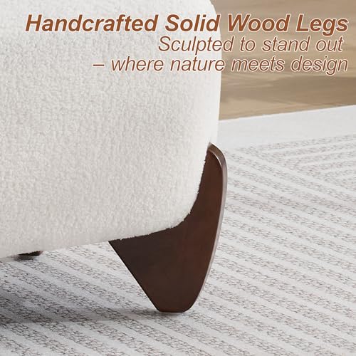 Image of WUTUTUEE 28.7 inch Sherpa Boucle Ottoman with Solid Wood Legs, Modern Upholstered Footstool, Comfy Ottoman for Living Room, Bedroom, White