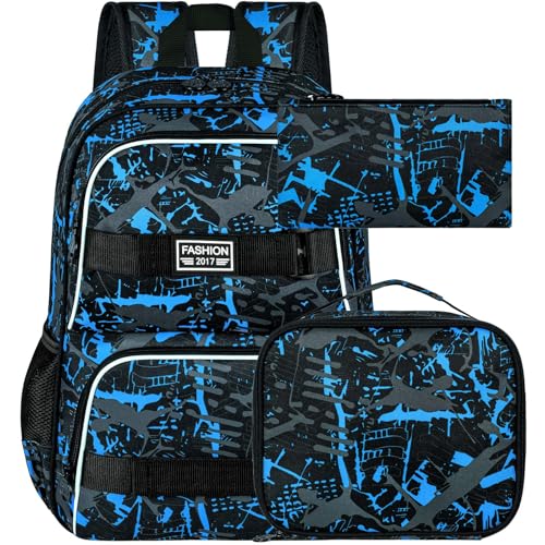 ZLYERT Mochila para laptop, conjunto de mochila escolar de 43 cm, mochila de graffiti resistente à água com lancheira para adolescentes, meninos, homens, estudantes (azul), Aerógrafo azul, One Size