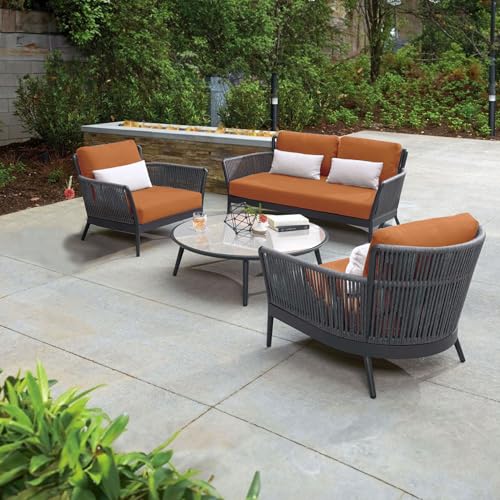 Image of Amazon Brand - Solimo Avento Outdoor 4 Seater Sofa Set | Balcony Sofa | Patio Furniture Sets | Conversation Sets | Braid & Rope (Grey /Orange)