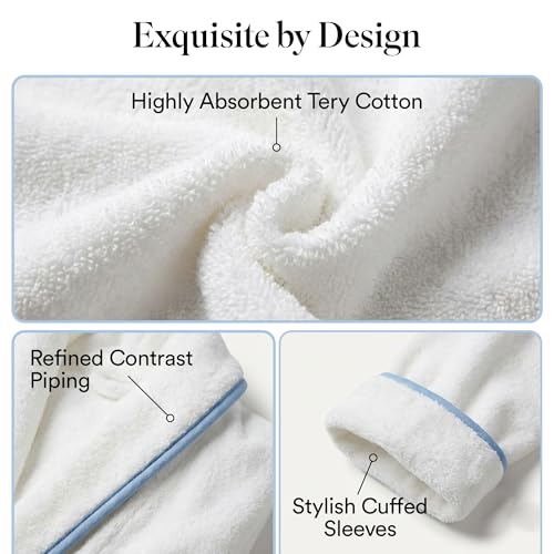 Image of Jillien Harbor Womens Cotton Bathrobe - Towel Robe for Women in Soft Terry Cloth, Highly Absorbent Cotton Robes for Women with Refined Blue Piping, Cuffed Sleeves Medium to Large Fit - One Size, White
