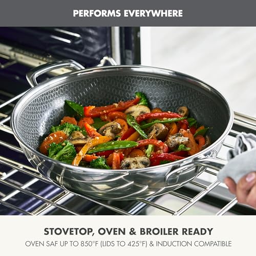Image of GreenPan Spectra 12 inch Wok Pan with Lid, Hybrid Tri-Ply Stainless Steel, PFAS-Free Ceramic Nonstick Textured Cooking Surface, Induction Cookware, Diswasher Safe, Oven & Broiler Temp to 850˚F