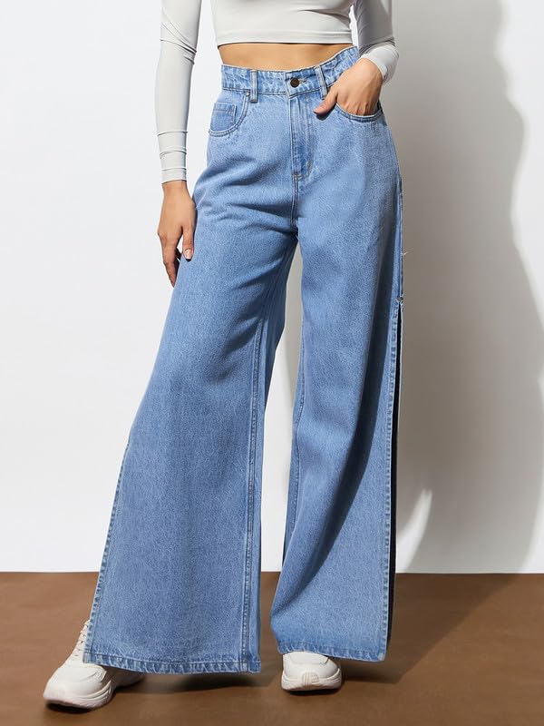Image of Beige Side Slit Wide Leg Jeans