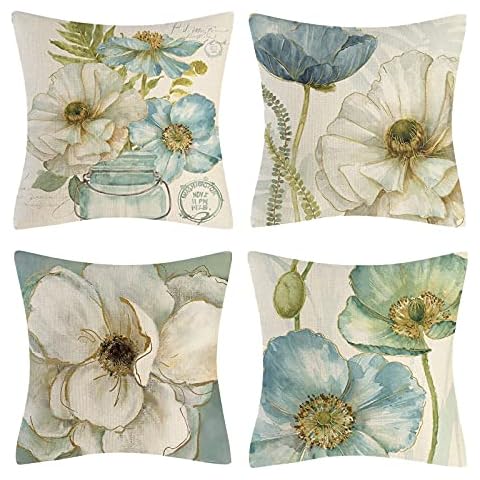 Vgzsyomqib Floral Leaves Cushion Covers Soft Linen 18x18 Inches (45x45 cm) Flowers Pillow Cases (No Insert) Decorative Square Sofa Throw Pillow Cover Home Garden Outdoor Set of 4 Green Blue Cover