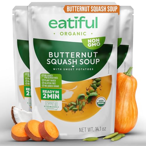 Image of EATIFUL Butternut Squash Soup, Ready To Eat Creamy Pumpkin Soup With Sweet Potatoes, Made With Organic Vegetables, Plant Based, No Added Preservatives, Gluten Free, NON GMO, 14.1 Ounce (Pack of 3)