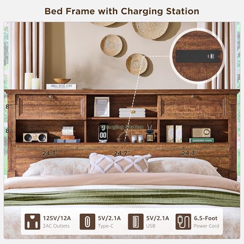 Farmhouse King Size Bed Frame with 54" Tall Headboard, Headboard with 4 Storage Rack, 2 Drawers, Wood Platform Bed Frame,18" Roman Column Decoration Footboard, No Box Spring Needed(Reclaimed Barnwood) - Image 6