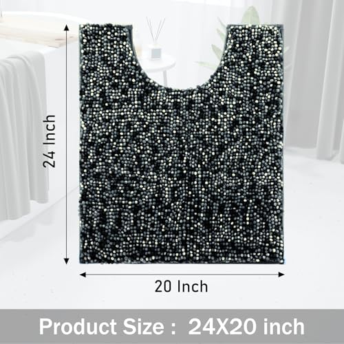 Image of Yimobra Luxury Chenille U-Shaped Toilet Rug, Super Soft Shaggy Contour Bath Mat for Bathroom Floor, Fluffy, Water Absorbent, Non Slip, Machine Washable, Dry Quickly, 24''x 20'', Black & Dark Grey