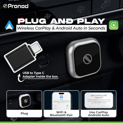 Image of PRONOD Wireless CarPlay & Android Auto Adapter | Convert Factory Wired CarPlay to Wireless | Fast Bluetooth & 5GHz WiFi | Auto Reconnect | USB & Type-C | Plug & Play | Compatible with iPhone iOS