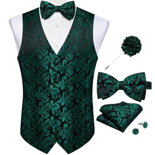 Image of DiBanGu Mens Paisley Suit Waistcoat,Silk Dress Vest and Bowtie Pocket Square Cufflinks with Lapel Pin Set for Wedding Tuxedo