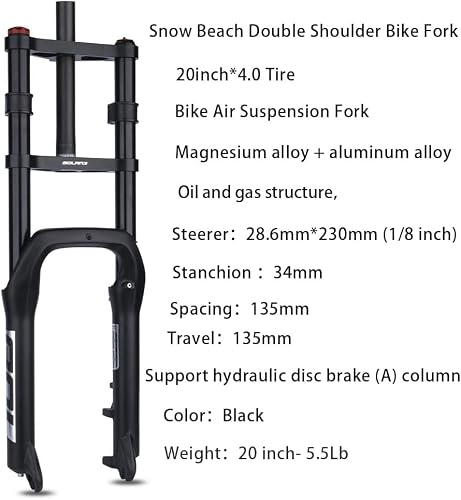 BOLANY Bike Suspension Fork 20inch 4.0 Tire Double Shoulder Snow Beach MTB Fat Fork | 110mm Travel | Straight Tube QR 9mm | 1-1/8inch Steerer-Black