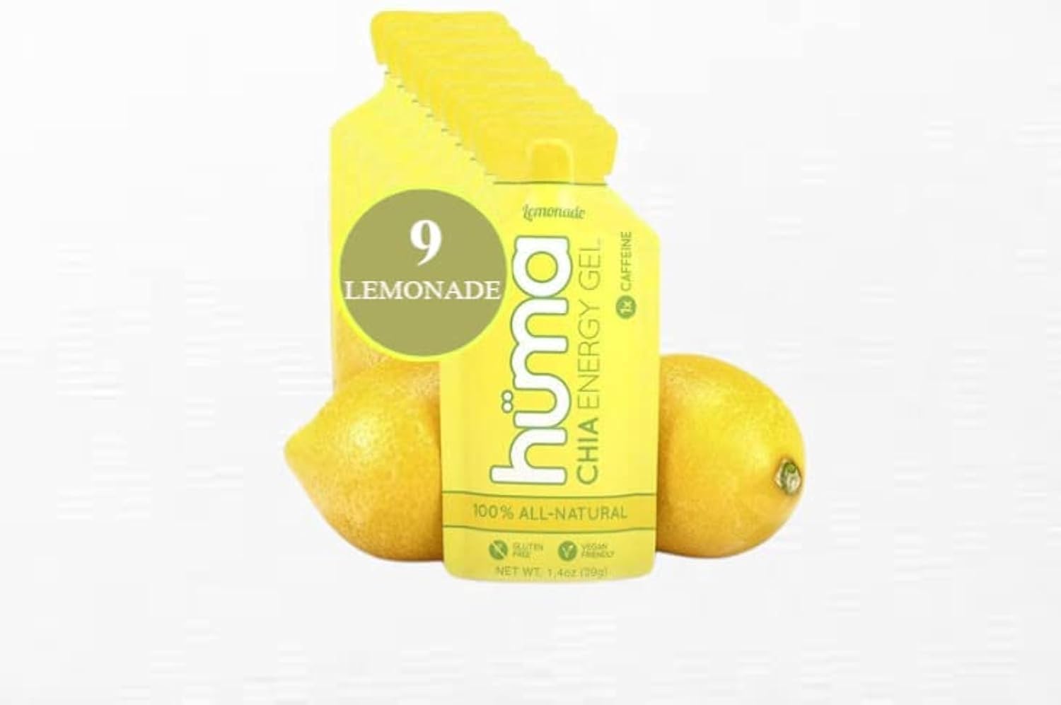 Huma Chia Energy Gel - Lemonade - 9 count x 39g - 22gr Carbs, 105mg Sodium, 1x Caffeine, 25mg Caffeine, 100% All Natural, Vegan, Gluten Free, No Stomach Problems, Great Taste, Easy Digestion