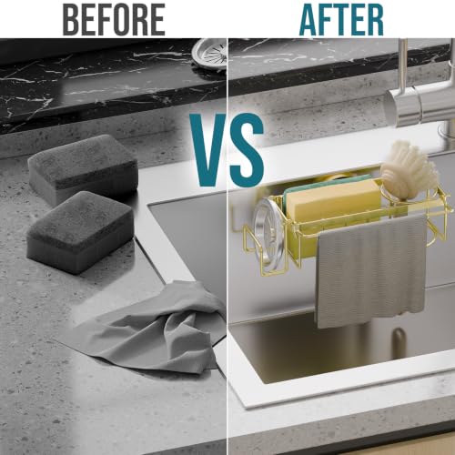 Image of TAILI 4-in-1 Sponge Holder for Kitchen Sink with Strong Suction Cup-Gold | Removable Rustproof 304 Stainless Steel Multi-compartment Sponge Holder with Suction Cup, Keeps Brushes & Scrubbers Tidy