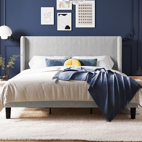 Image of Allewie King Size Platform Bed with Corduroy Wingback Headboard, Light Grey | 1000 lb Capacity, Corduroy Wingback Headboard, Vertical Channel Design, Wood Slat Support, No Box Spring Needed /Easy Assembly