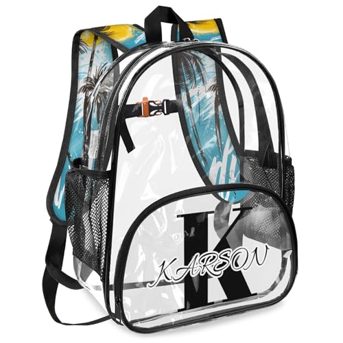 Personalized Small Clear Backpack Stadium Approved Heavy Duty PVC Plastic Custom Tropical Beach Transparent Backpacks See Through Bag with Name, Palm Tree Summer2