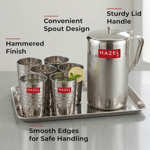 Image of HAZEL Stainless Steel Drinkware Combo of 8 | Water Jug with Lid 1800ml, 6pc Hammered Glasses 350ml & Serving Tray | Glossy Finish Tableware Set for Home & Office Use